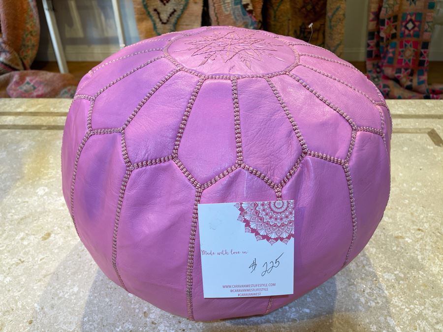 Moroccan Leather Pouf Ottoman Footstool In Pink Apx 22'W X 13'H Retails $225 [Photo 2]