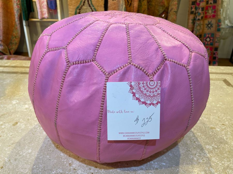 Moroccan Leather Pouf Ottoman Footstool In Pink Apx 22'W X 13'H Retails $225 [Photo 1]