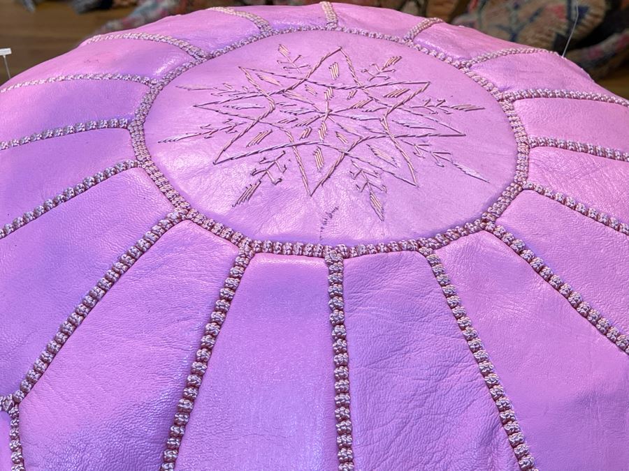 Moroccan Leather Pouf Ottoman Footstool In Pink Apx 22'W X 13'H Retails $225 [Photo 3]
