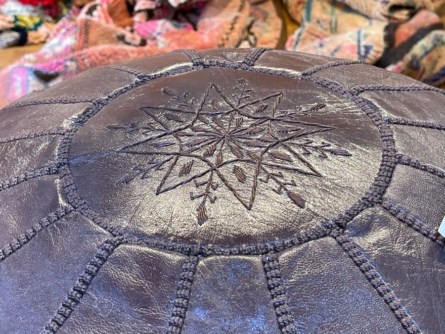 Moroccan Leather Pouf Ottoman Footstool In Brown Apx 22'W X 13'H Retails $225 [Photo 3]