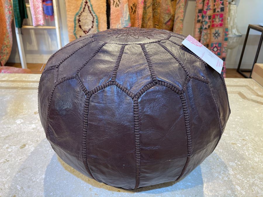 Moroccan Leather Pouf Ottoman Footstool In Brown Apx 22'W X 13'H Retails $225 [Photo 1]