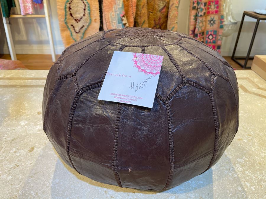 Moroccan Leather Pouf Ottoman Footstool In Brown Apx 22'W X 13'H Retails $225 [Photo 5]