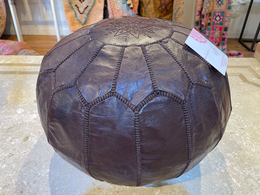 Moroccan Leather Pouf Ottoman Footstool In Brown Apx 22'W X 13'H Retails $225 [Photo 2]