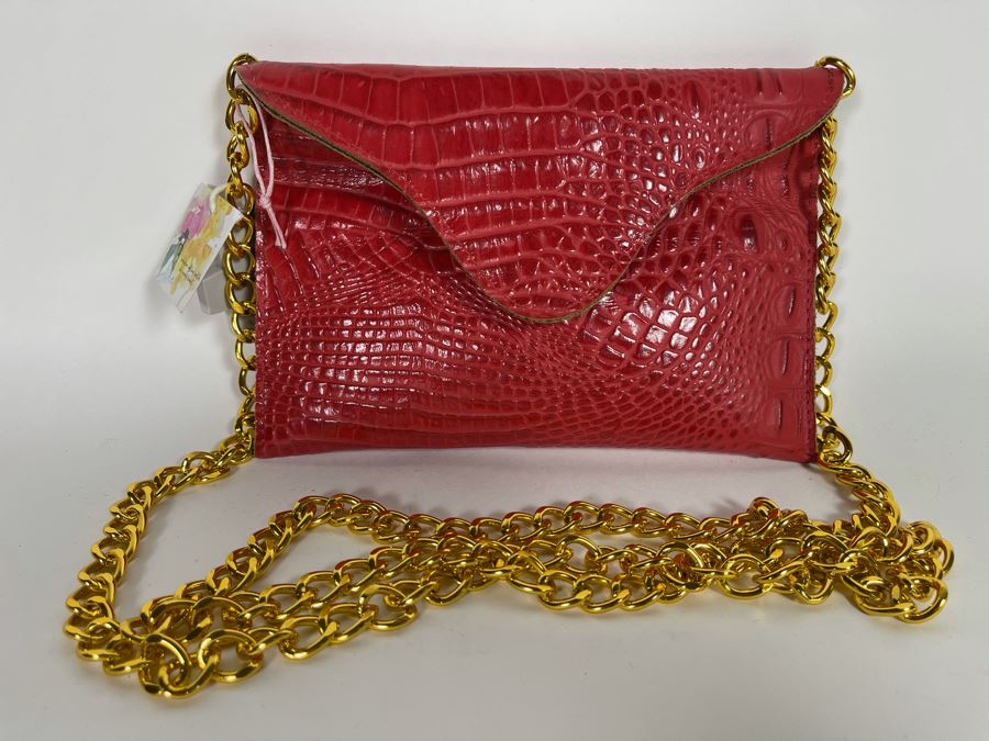 New JJ Winters Leather Faux Crocodile Handbag Red Retails $95 [Photo 1]