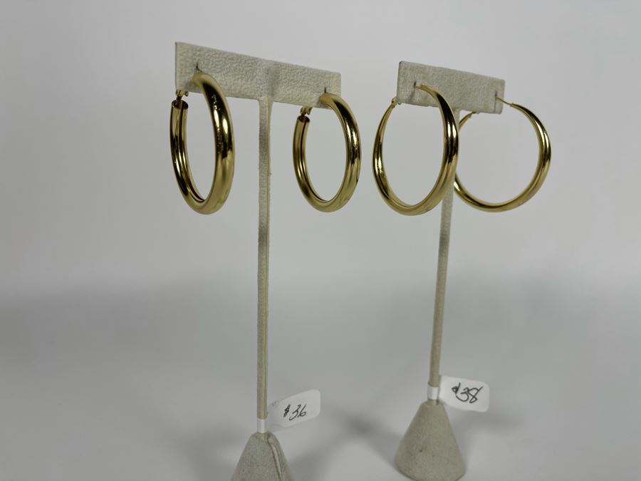 Pair Of 14K Gold PLATED Hoop Earrings With Store Display Retails $74