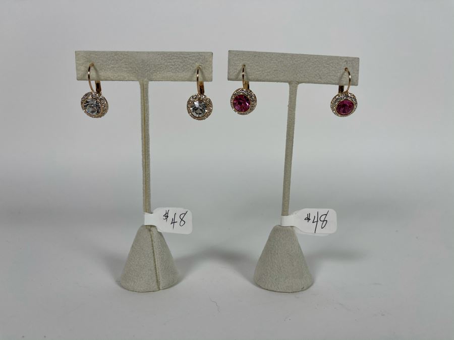 Pair Of 14K Gold PLATED Crystal Earrings With Store Display Retails $96 [Photo 2]