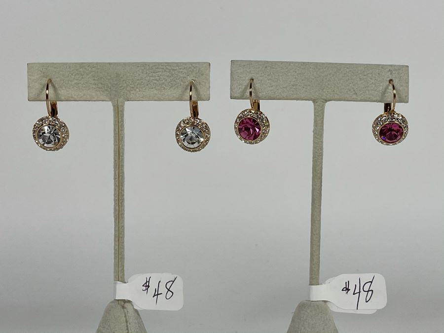 Pair Of 14K Gold PLATED Crystal Earrings With Store Display Retails $96 [Photo 3]