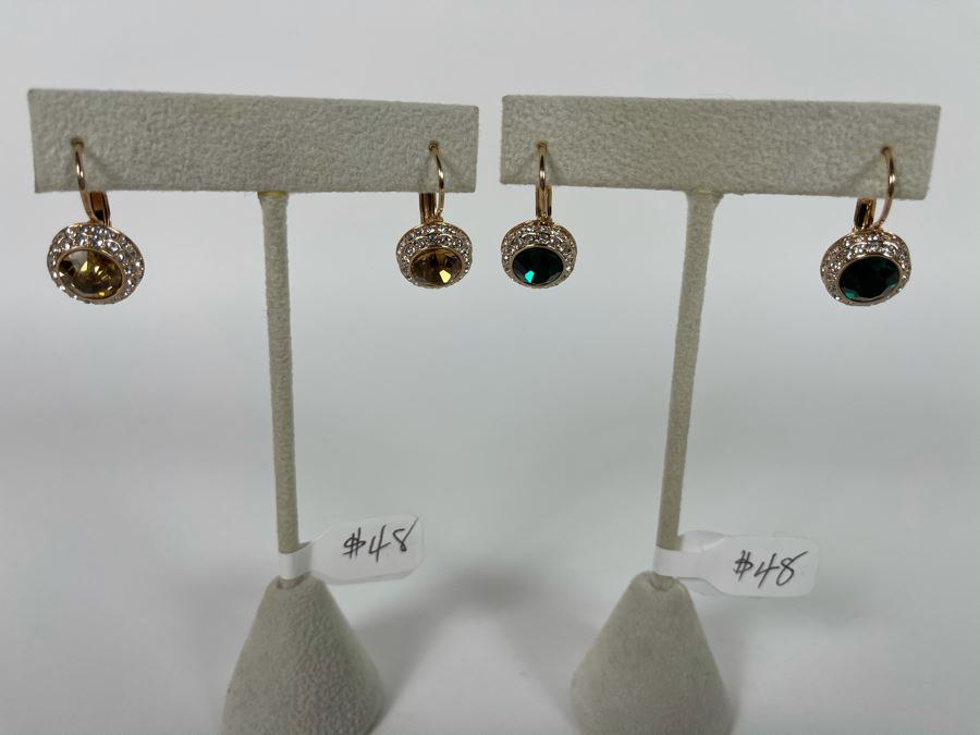 Pair Of 14K Gold PLATED Crystal Earrings With Store Display Retails $96 [Photo 4]