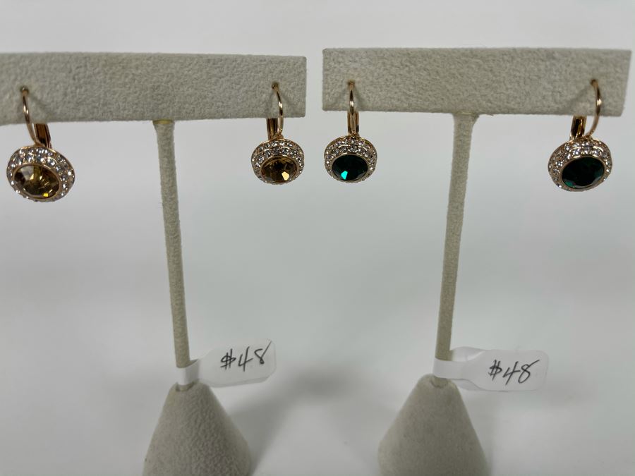 Pair Of 14K Gold PLATED Crystal Earrings With Store Display Retails $96 [Photo 1]