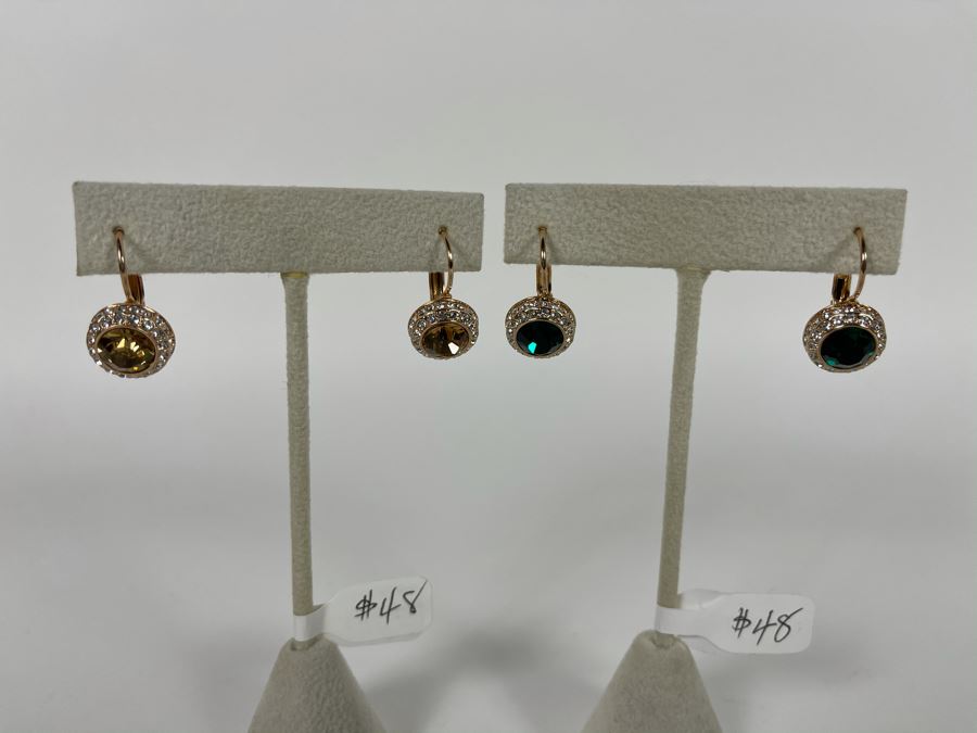 Pair Of 14K Gold PLATED Crystal Earrings With Store Display Retails $96 [Photo 3]