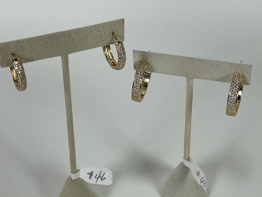 Pair Of 14K Gold PLATED Crystal Hoop Earrings With Store Display Retails $114 [Photo 6]