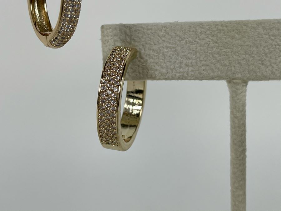 Pair Of 14K Gold PLATED Crystal Hoop Earrings With Store Display Retails $114 [Photo 4]