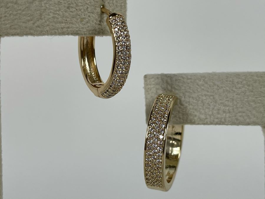 Pair Of 14K Gold PLATED Crystal Hoop Earrings With Store Display Retails $114 [Photo 5]