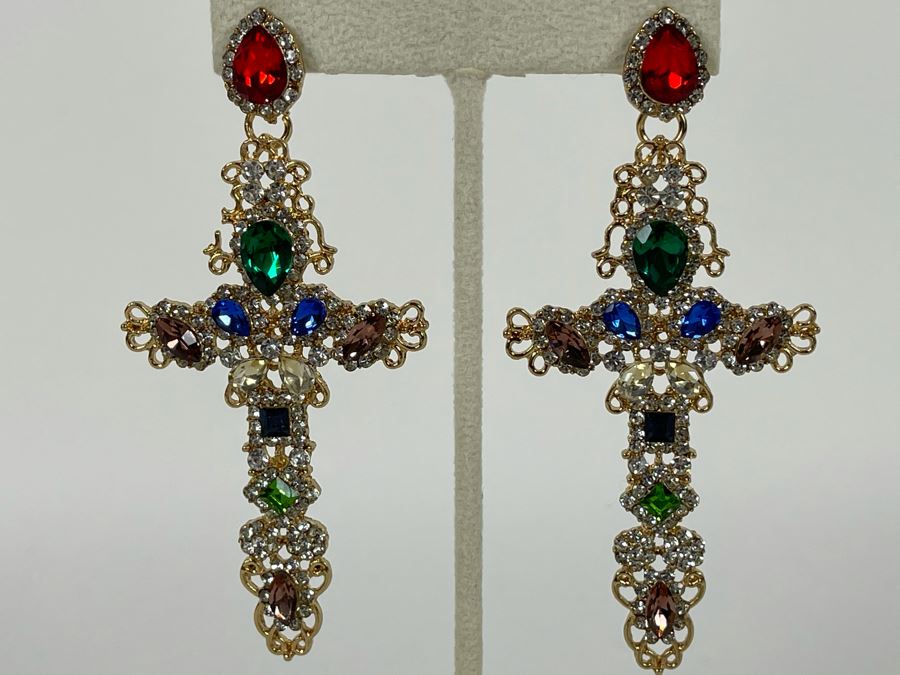 Large 14K Gold PLATED Crystal Cross Earrings With Store Display 3.5'H Retails $68 [Photo 4]