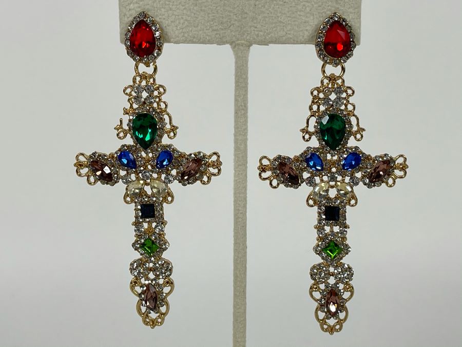 Large 14K Gold PLATED Crystal Cross Earrings With Store Display 3.5'H Retails $68 [Photo 1]