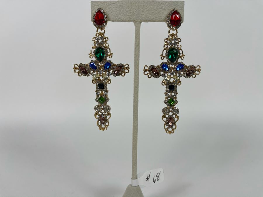 Large 14K Gold PLATED Crystal Cross Earrings With Store Display 3.5'H Retails $68 [Photo 3]