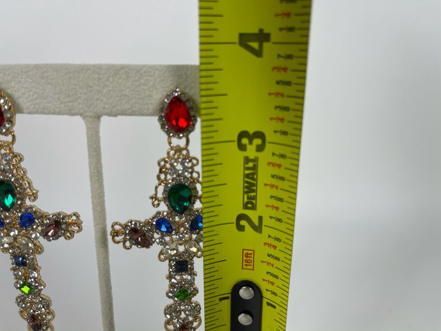 Large 14K Gold PLATED Crystal Cross Earrings With Store Display 3.5'H Retails $68 [Photo 5]