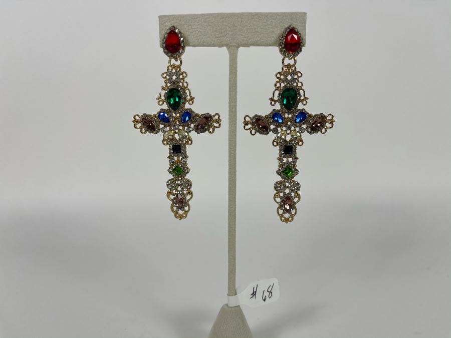 Large 14K Gold PLATED Crystal Cross Earrings With Store Display 3.5'H Retails $68 [Photo 2]