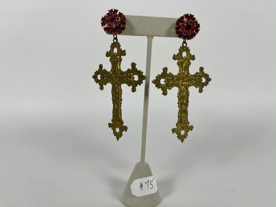 Large Crystal Cross Earrings With Store Display 3.5'H Retails $75 [Photo 2]