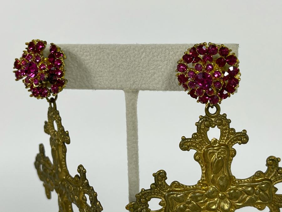 Large Crystal Cross Earrings With Store Display 3.5'H Retails $75 [Photo 3]