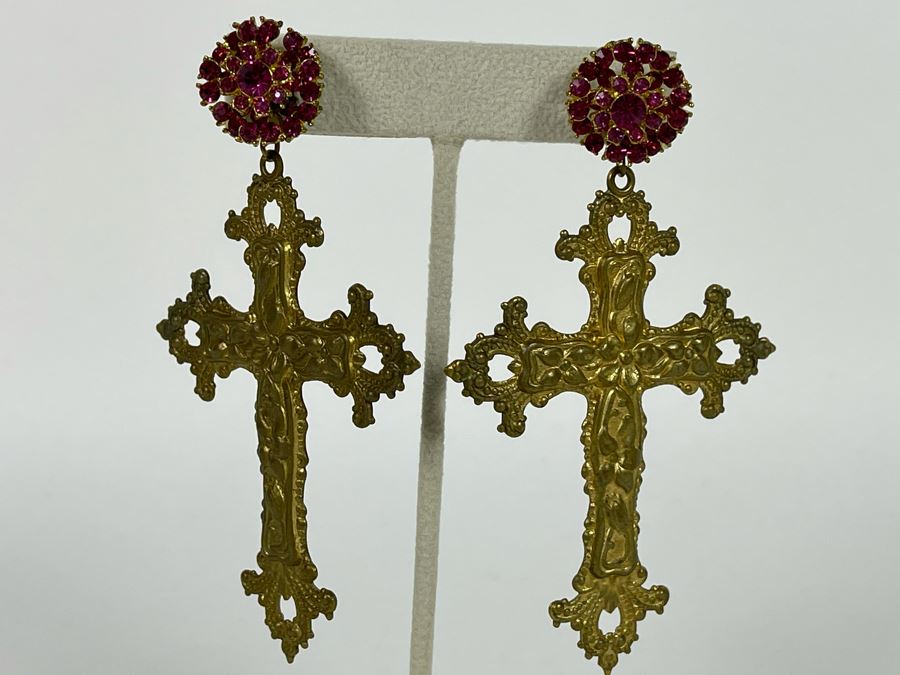 Large Crystal Cross Earrings With Store Display 3.5'H Retails $75 [Photo 1]