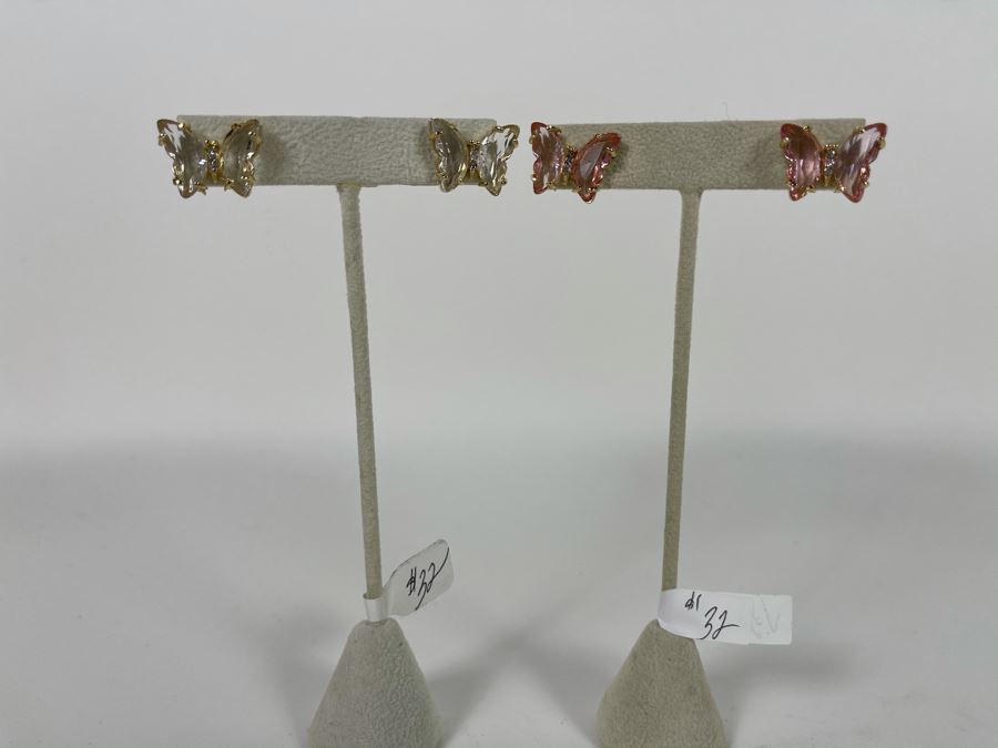 Pair Of 14K Gold PLATED Crystal Butterfly Earrings With Store Display Retails $64 [Photo 2]