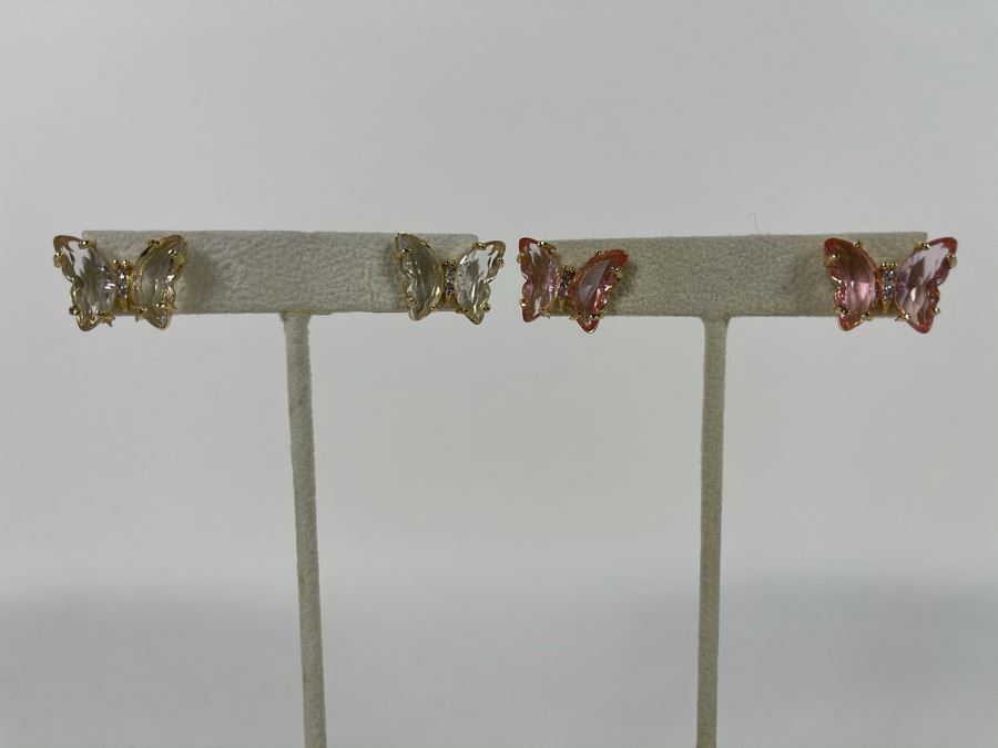 Pair Of 14K Gold PLATED Crystal Butterfly Earrings With Store Display Retails $64 [Photo 1]