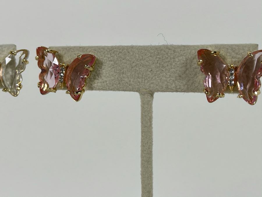 Pair Of 14K Gold PLATED Crystal Butterfly Earrings With Store Display Retails $64 [Photo 3]