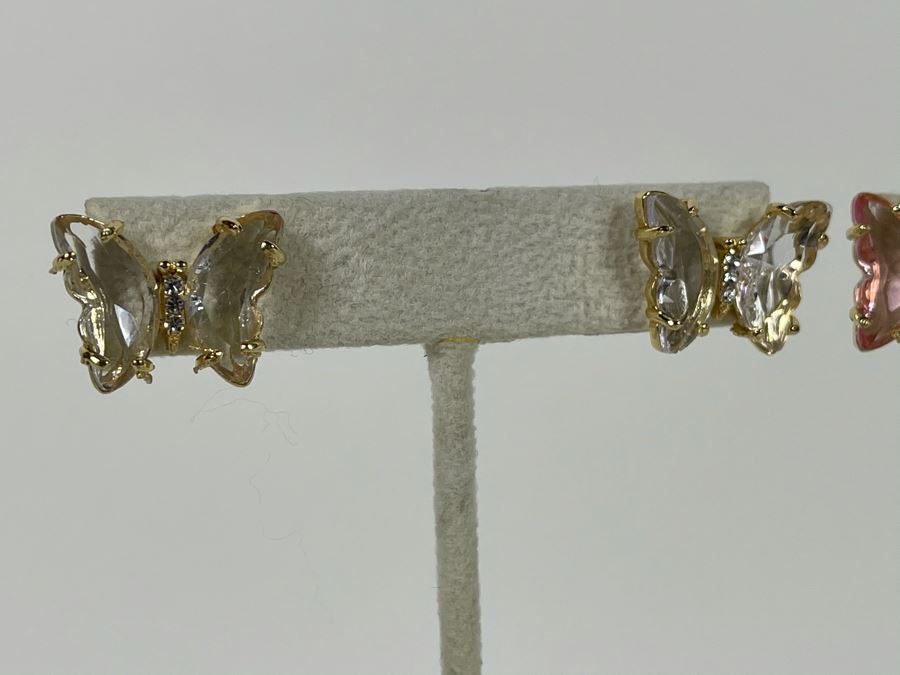 Pair Of 14K Gold PLATED Crystal Butterfly Earrings With Store Display Retails $64 [Photo 4]