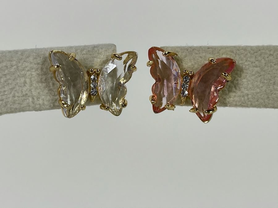 Pair Of 14K Gold PLATED Crystal Butterfly Earrings With Store Display Retails $64 [Photo 5]