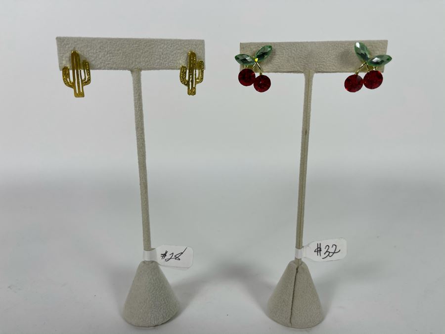 Pair Of 14K Gold PLATED Cactus And Cherry Crystal Earrings With Store Display Retails $60 [Photo 2]
