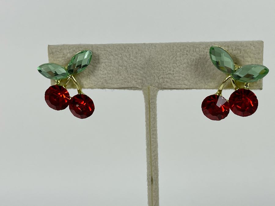 Pair Of 14K Gold PLATED Cactus And Cherry Crystal Earrings With Store Display Retails $60 [Photo 3]