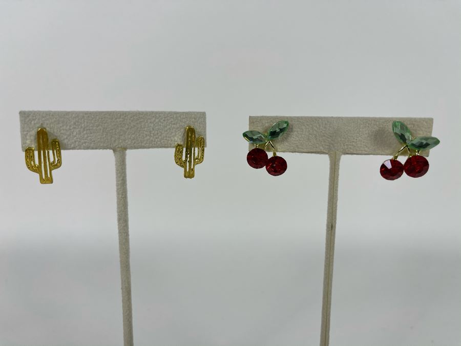 Pair Of 14K Gold PLATED Cactus And Cherry Crystal Earrings With Store Display Retails $60 [Photo 1]