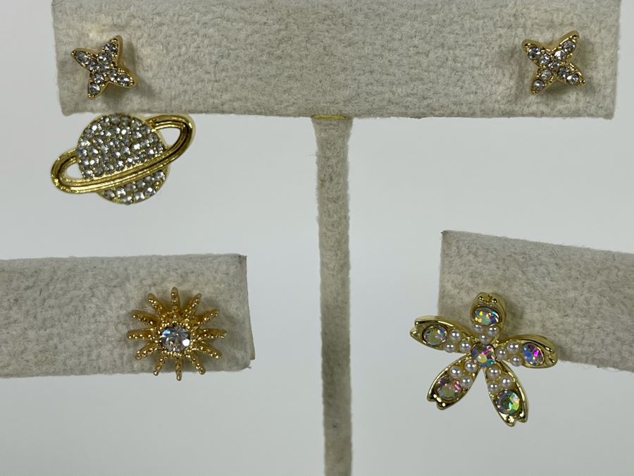 Set Of (3) 14K Gold PLATED Earrings: Saturn, Crescent Moon, Stars, Sun And Flowers With Store Display Retails $112 [Photo 8]