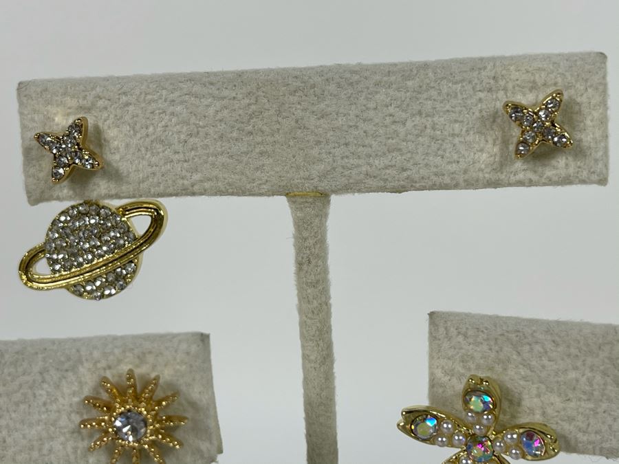 Set Of (3) 14K Gold PLATED Earrings: Saturn, Crescent Moon, Stars, Sun And Flowers With Store Display Retails $112 [Photo 7]