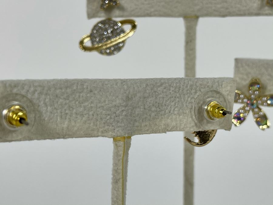 Set Of (3) 14K Gold PLATED Earrings: Saturn, Crescent Moon, Stars, Sun And Flowers With Store Display Retails $112 [Photo 9]