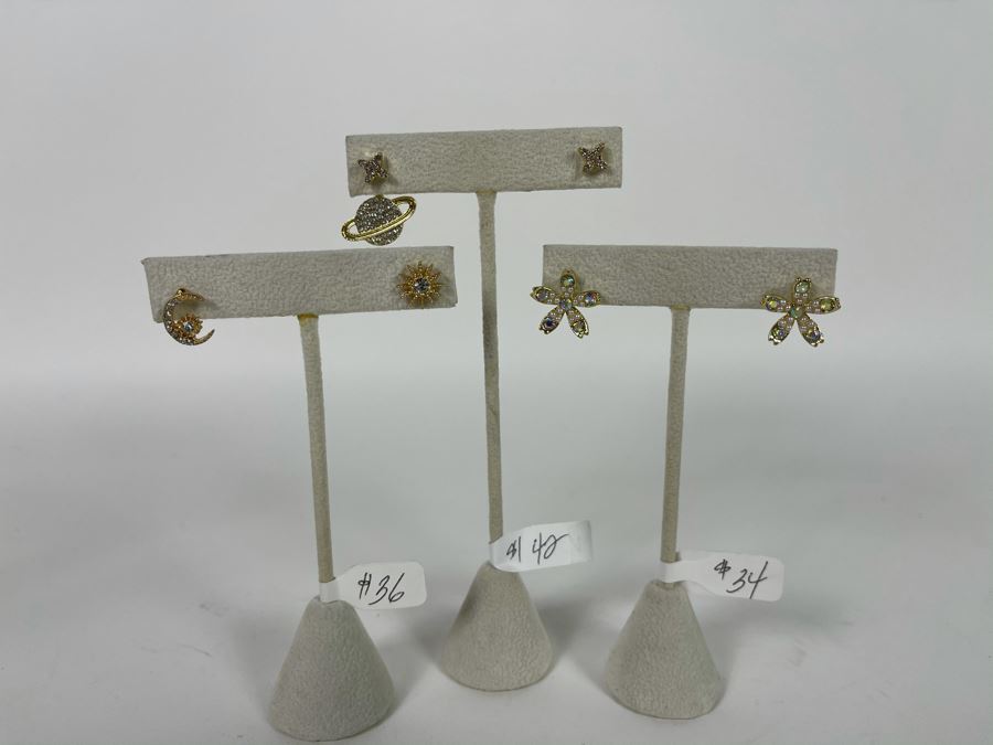 Set Of (3) 14K Gold PLATED Earrings: Saturn, Crescent Moon, Stars, Sun And Flowers With Store Display Retails $112 [Photo 1]