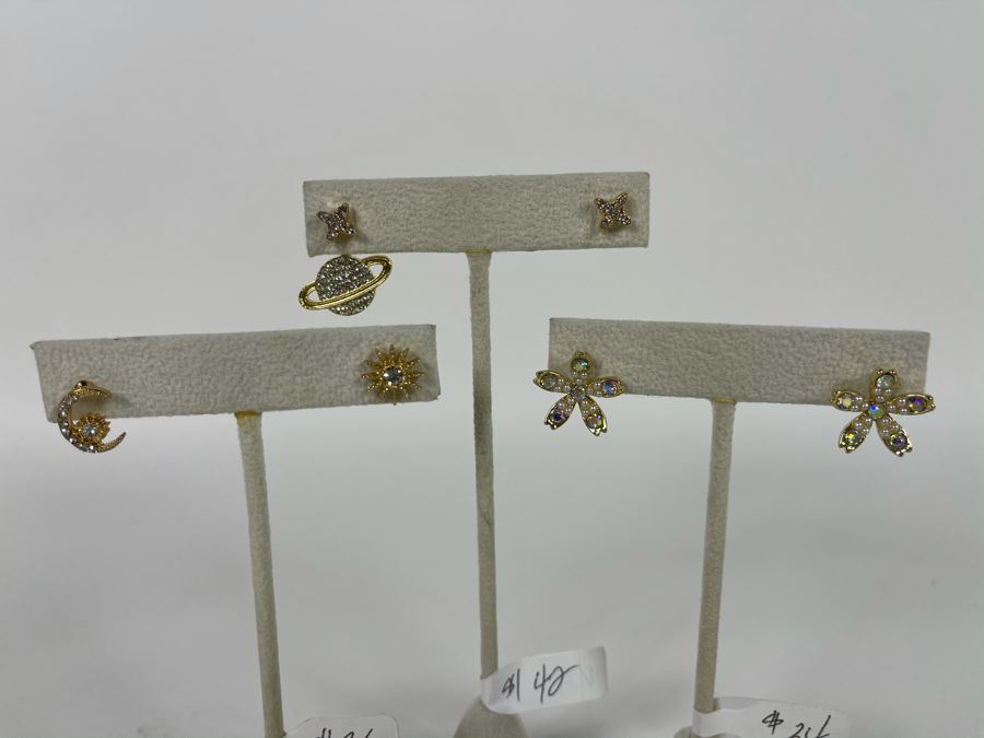 Set Of (3) 14K Gold PLATED Earrings: Saturn, Crescent Moon, Stars, Sun And Flowers With Store Display Retails $112 [Photo 2]