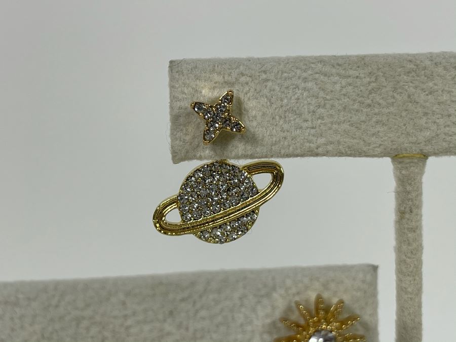 Set Of (3) 14K Gold PLATED Earrings: Saturn, Crescent Moon, Stars, Sun And Flowers With Store Display Retails $112 [Photo 6]