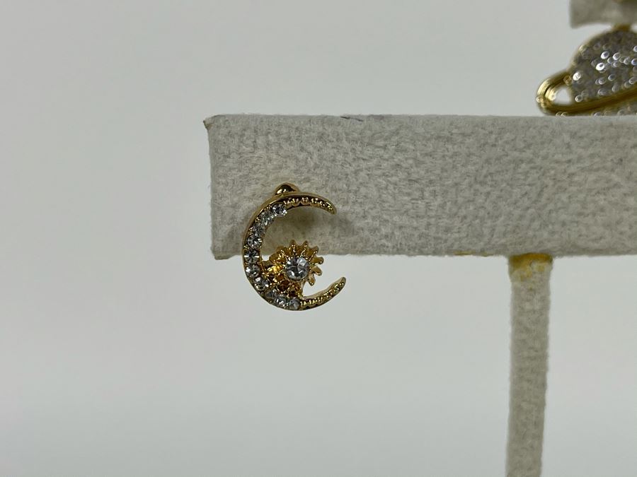 Set Of (3) 14K Gold PLATED Earrings: Saturn, Crescent Moon, Stars, Sun And Flowers With Store Display Retails $112 [Photo 5]