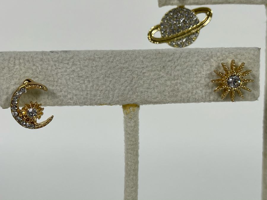 Set Of (3) 14K Gold PLATED Earrings: Saturn, Crescent Moon, Stars, Sun And Flowers With Store Display Retails $112 [Photo 4]