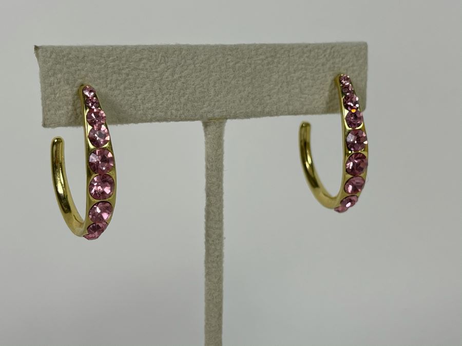 Pair Of 14K Gold PLATED Crystal Hoop Earrings With Store Display Retails $108 [Photo 4]