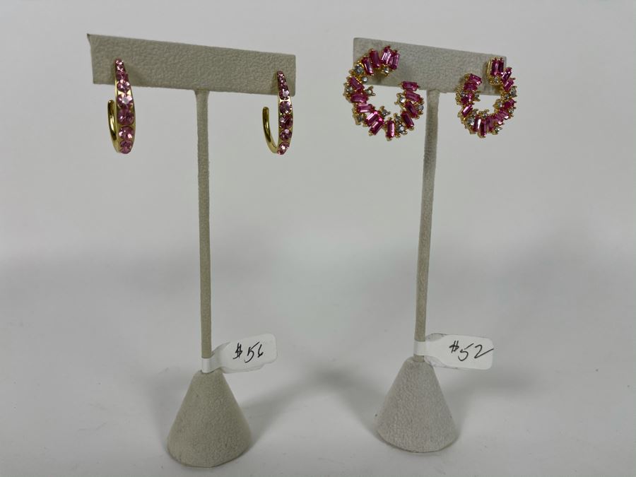 Pair Of 14K Gold PLATED Crystal Hoop Earrings With Store Display Retails $108 [Photo 3]