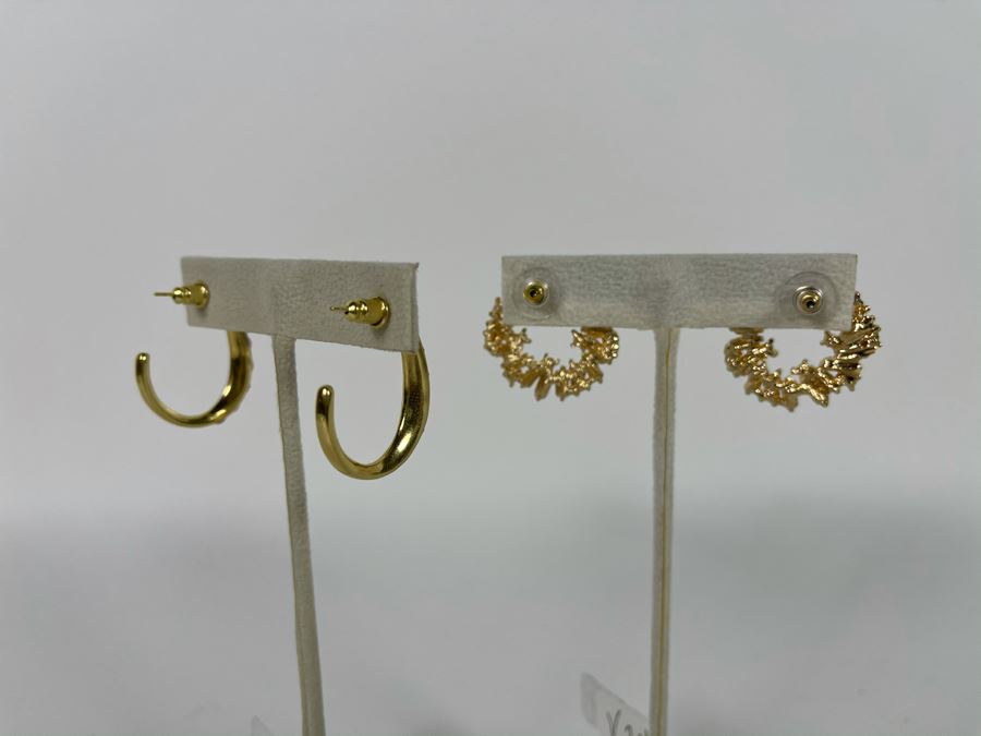 Pair Of 14K Gold PLATED Crystal Hoop Earrings With Store Display Retails $108 [Photo 6]