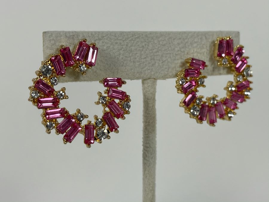 Pair Of 14K Gold PLATED Crystal Hoop Earrings With Store Display Retails $108 [Photo 5]