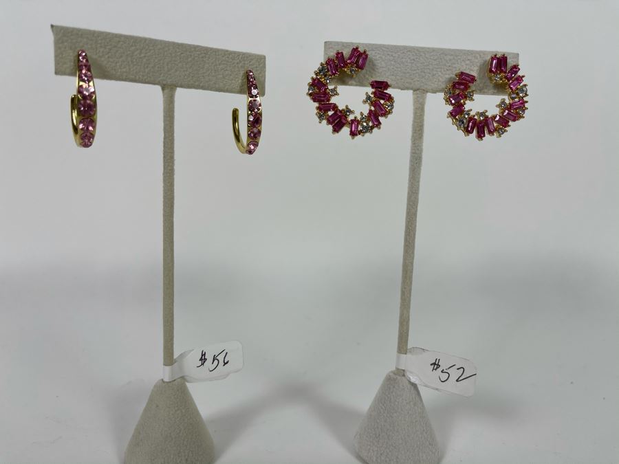Pair Of 14K Gold PLATED Crystal Hoop Earrings With Store Display Retails $108 [Photo 2]