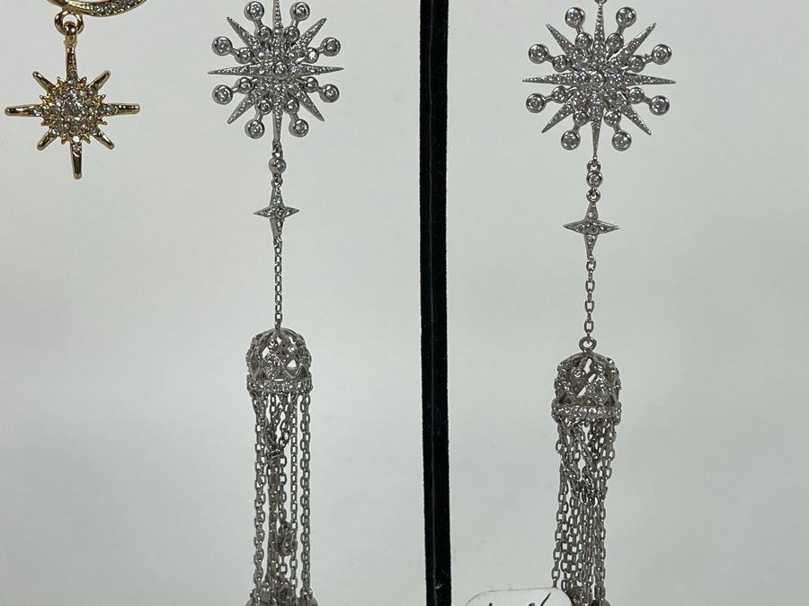 Pair Of 14K Gold PLATED Crystal Hoop Earrings: Crescent Moon, Star, Snowflake With Store Display Retails $100 [Photo 5]
