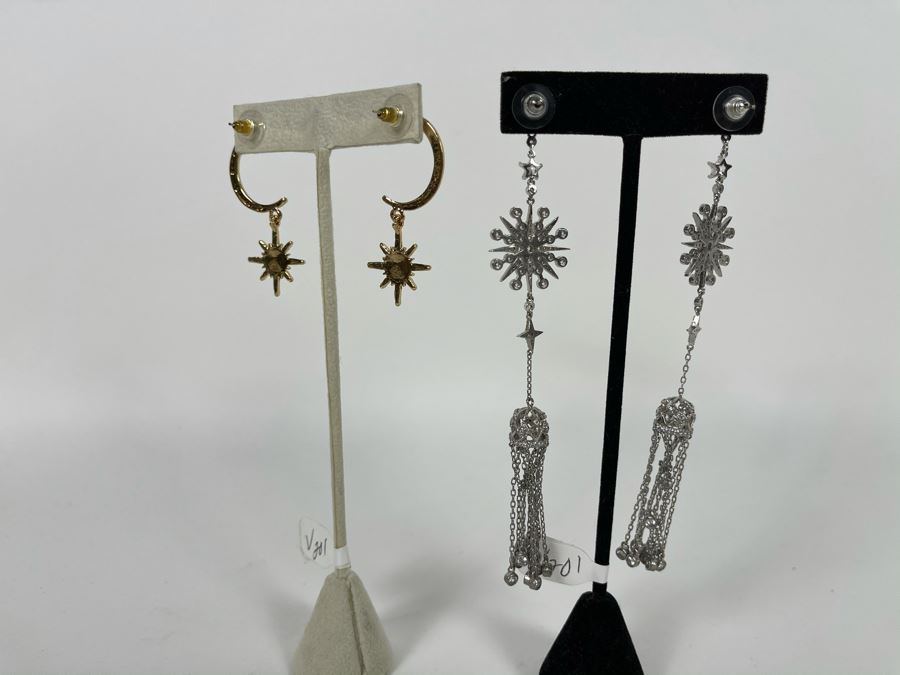 Pair Of 14K Gold PLATED Crystal Hoop Earrings: Crescent Moon, Star, Snowflake With Store Display Retails $100 [Photo 7]
