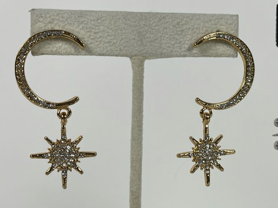 Pair Of 14K Gold PLATED Crystal Hoop Earrings: Crescent Moon, Star, Snowflake With Store Display Retails $100 [Photo 3]