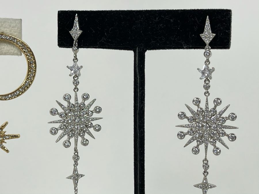 Pair Of 14K Gold PLATED Crystal Hoop Earrings: Crescent Moon, Star, Snowflake With Store Display Retails $100 [Photo 4]